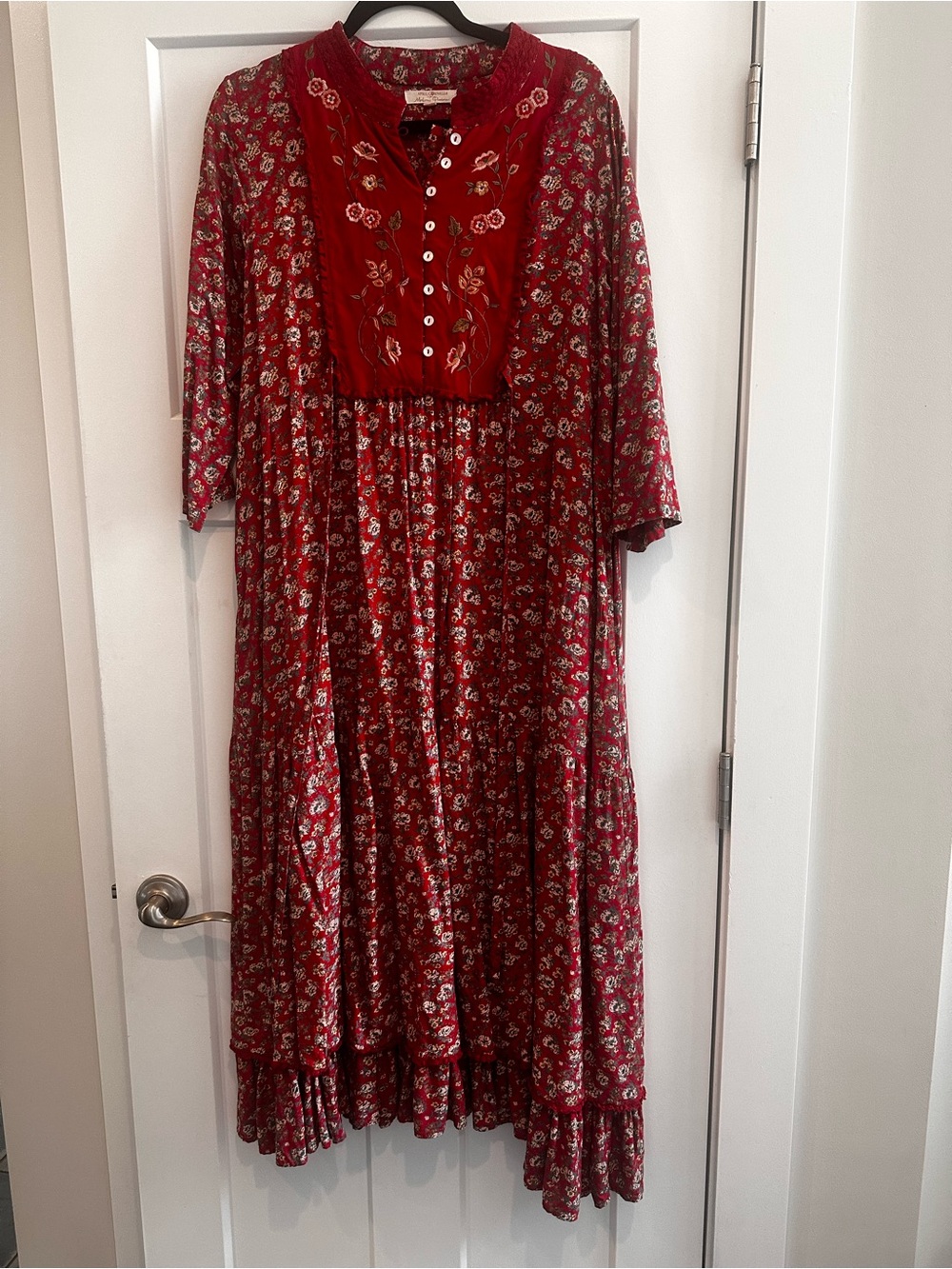 April Cornell Red Floral Maxi Dress with Embroidered Bib